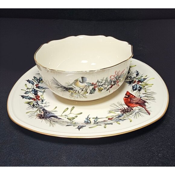Lenox Winter Greetings Fine Ivory China Square Serving Platter & Bowl (1996) - Picture 1 of 11